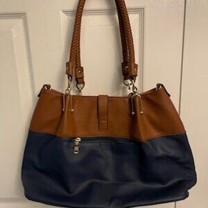 Tan and Navy Blue Leather Handbag